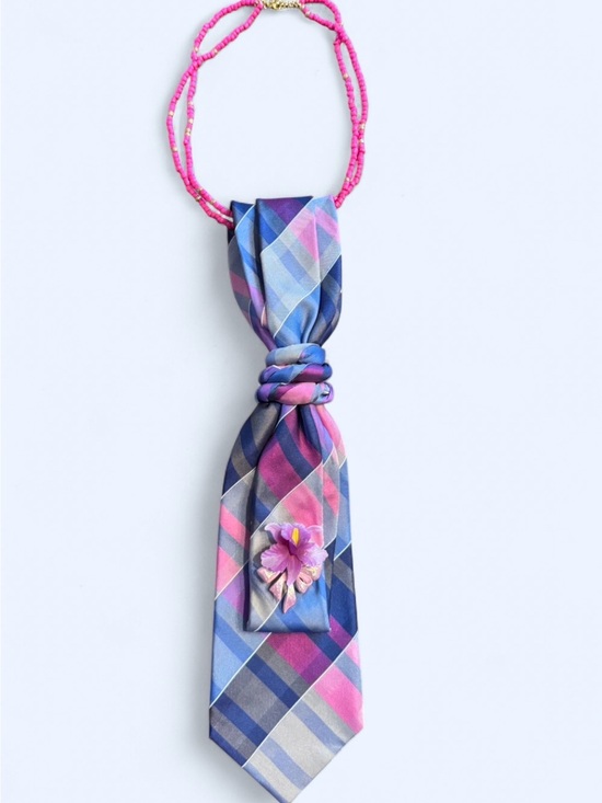 Jewelry - Upcycled Pink and Blue Plaid NeckTie Necklace with Vintage Lily Pin